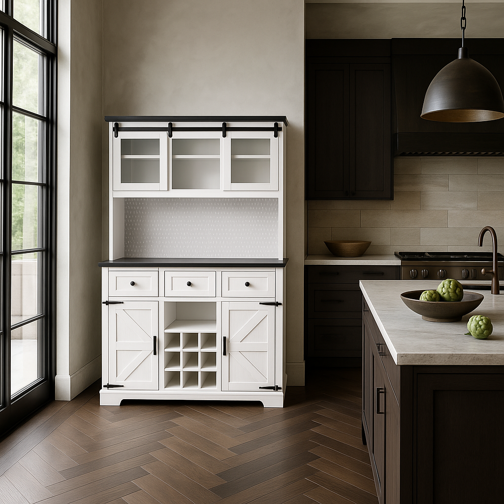 tunuo White Wood Pantry Bar Cabinet with Internal Storage Rack