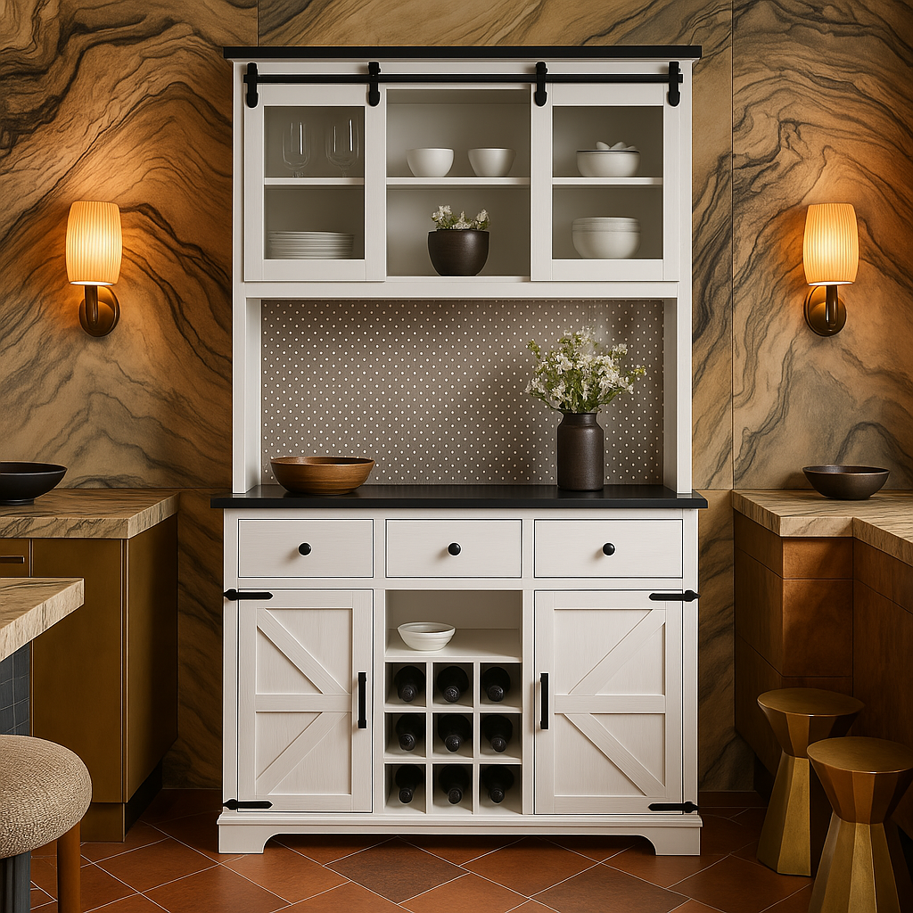 tunuo White Wood Pantry Bar Cabinet with Internal Storage Rack
