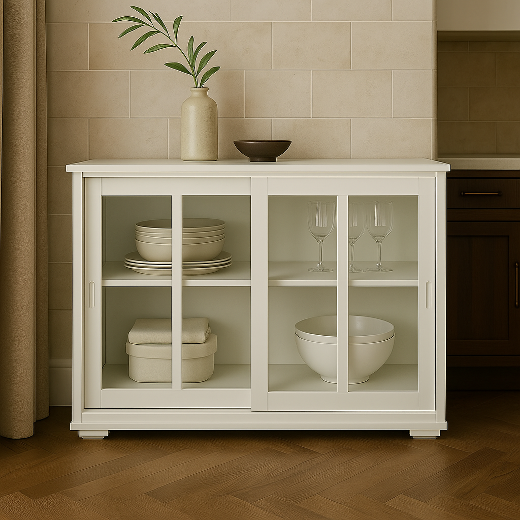 FUNKOL White MDF Sideboard with Glass Doors - Ready to Assemble
