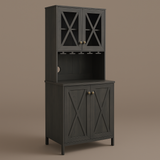 FUNKOL Charcoal Gray Kitchen Cabinet with Wine Rack and Glass Doors