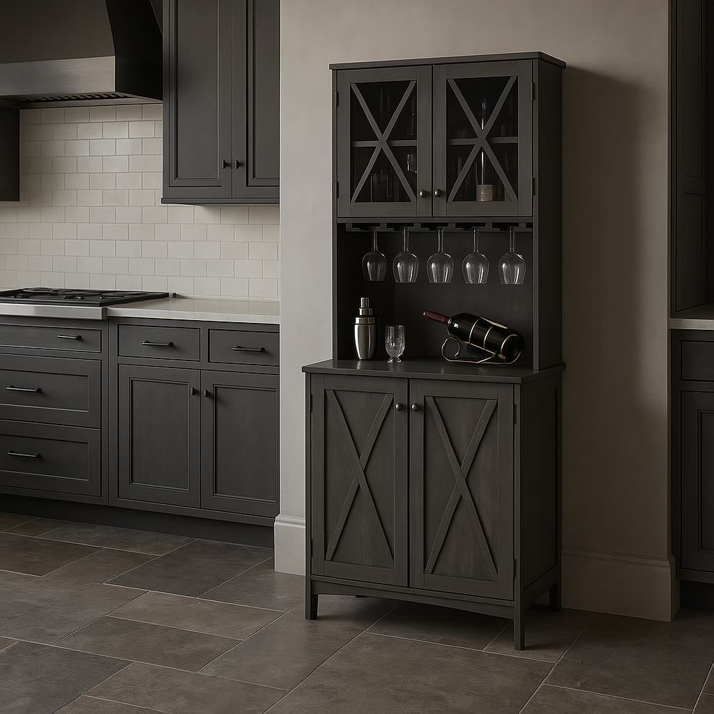 FUNKOL Charcoal Gray Kitchen Cabinet with Wine Rack and Glass Doors