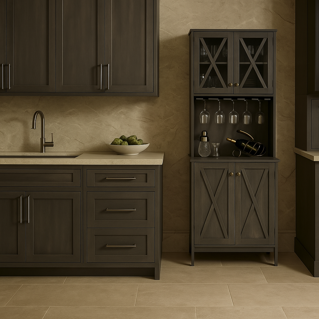 FUNKOL Charcoal Gray Kitchen Cabinet with Wine Rack and Glass Doors