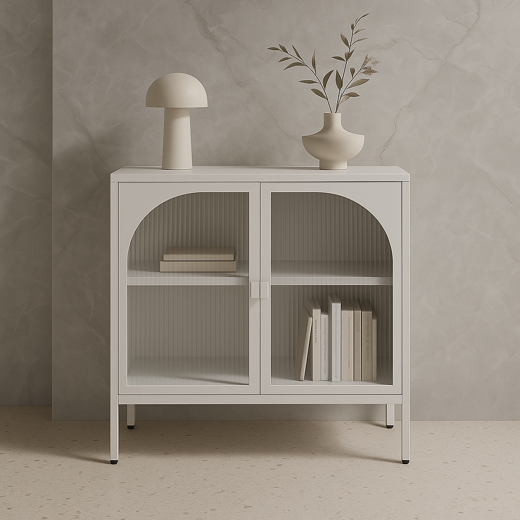 FUNKOL White Metal Storage Cabinet with Glass Doors and Adjustable Shelves