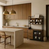 FUFU&GAGA Brown Wood Kitchen Cabinet with Metal Mesh Doors, 3 Drawers, 6 Shelves