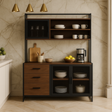 FUFU&GAGA Brown Wood Kitchen Cabinet with Metal Mesh Doors, 3 Drawers, 6 Shelves