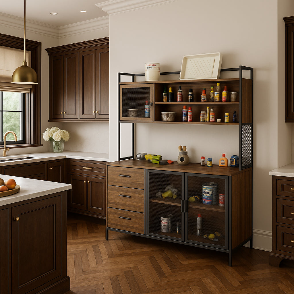 FUFU&GAGA Brown Wood Kitchen Cabinet with Metal Mesh Doors, 3 Drawers, 6 Shelves
