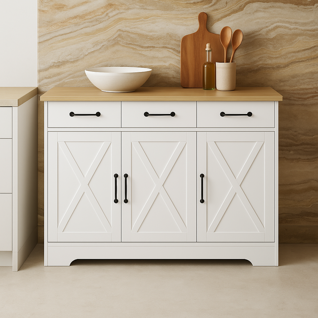 FUNKOL White MDF Kitchen Cabinet with Drawers and Doors