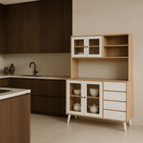 FUFU&GAGA Light Brown Pantry Kitchen Cabinet with Hutch, Glass Doors, 4 Drawers, Hooks