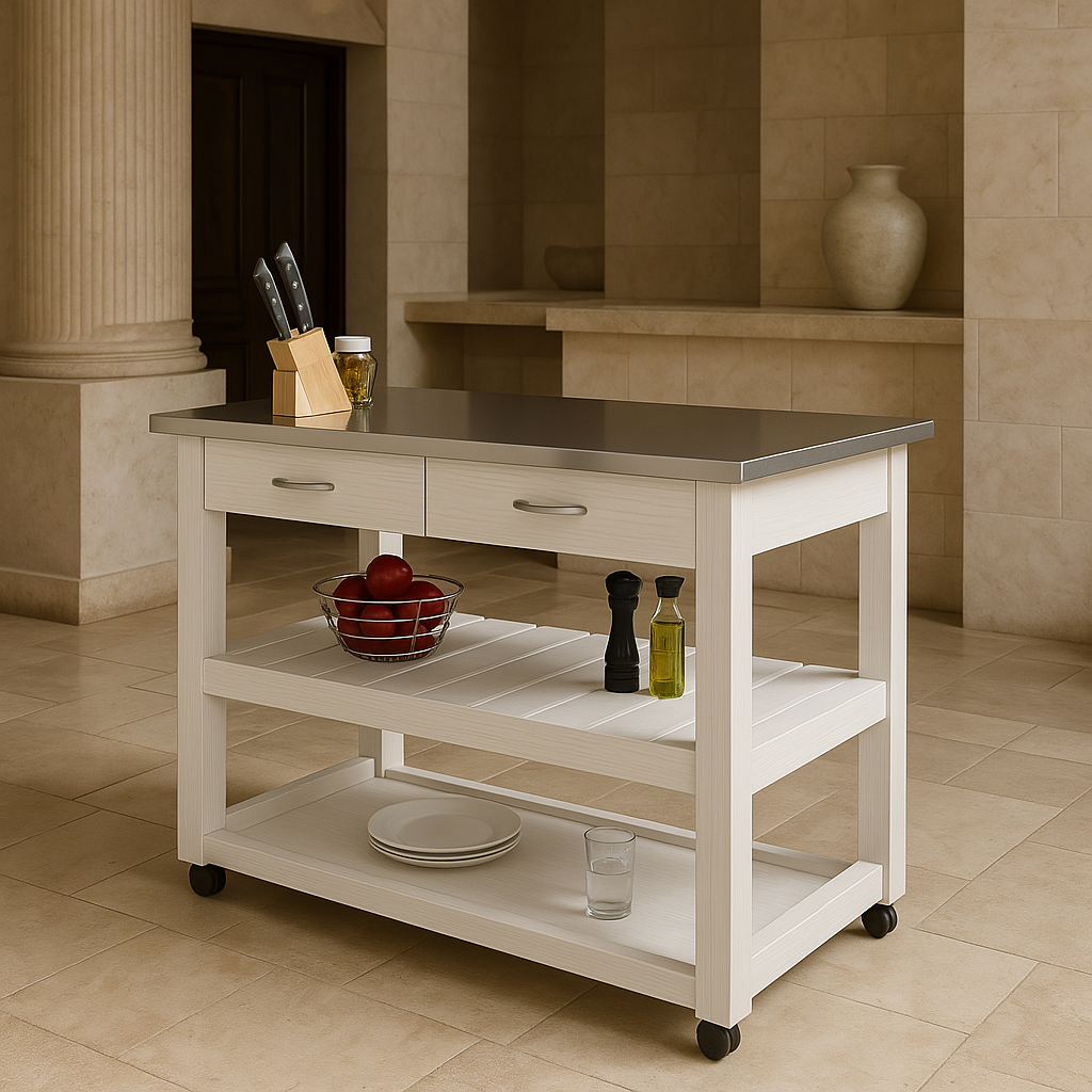 Inval Kitchen Utility Cart with Stainless Steel Top - White