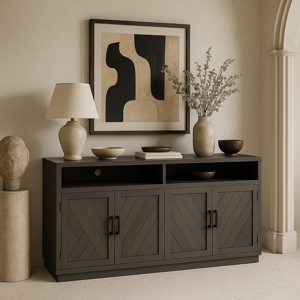 Runesay Gray Brown MDF Kitchen Cabinet Sideboard - 60 in. W x 15.7 in. D x 33.36 in. H