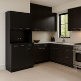 Tileon Black Wood Freestanding Kitchen Cabinet with 6 Doors and 1 Drawer