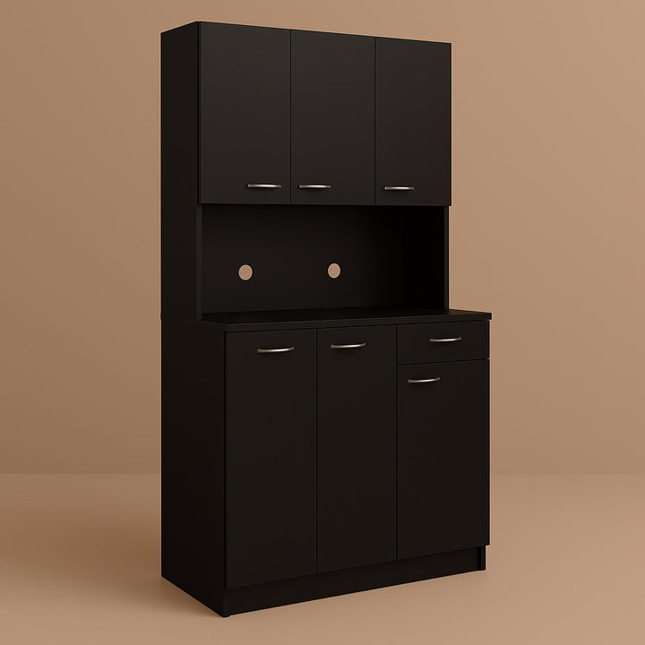 Tileon Black Wood Freestanding Kitchen Cabinet with 6 Doors and 1 Drawer
