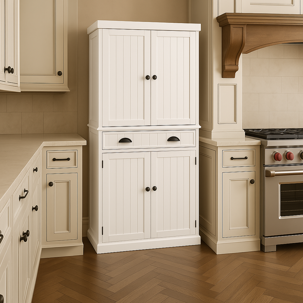 FUNKOL White Vertical Striped MDF Kitchen Cabinet with Adjustable Shelves