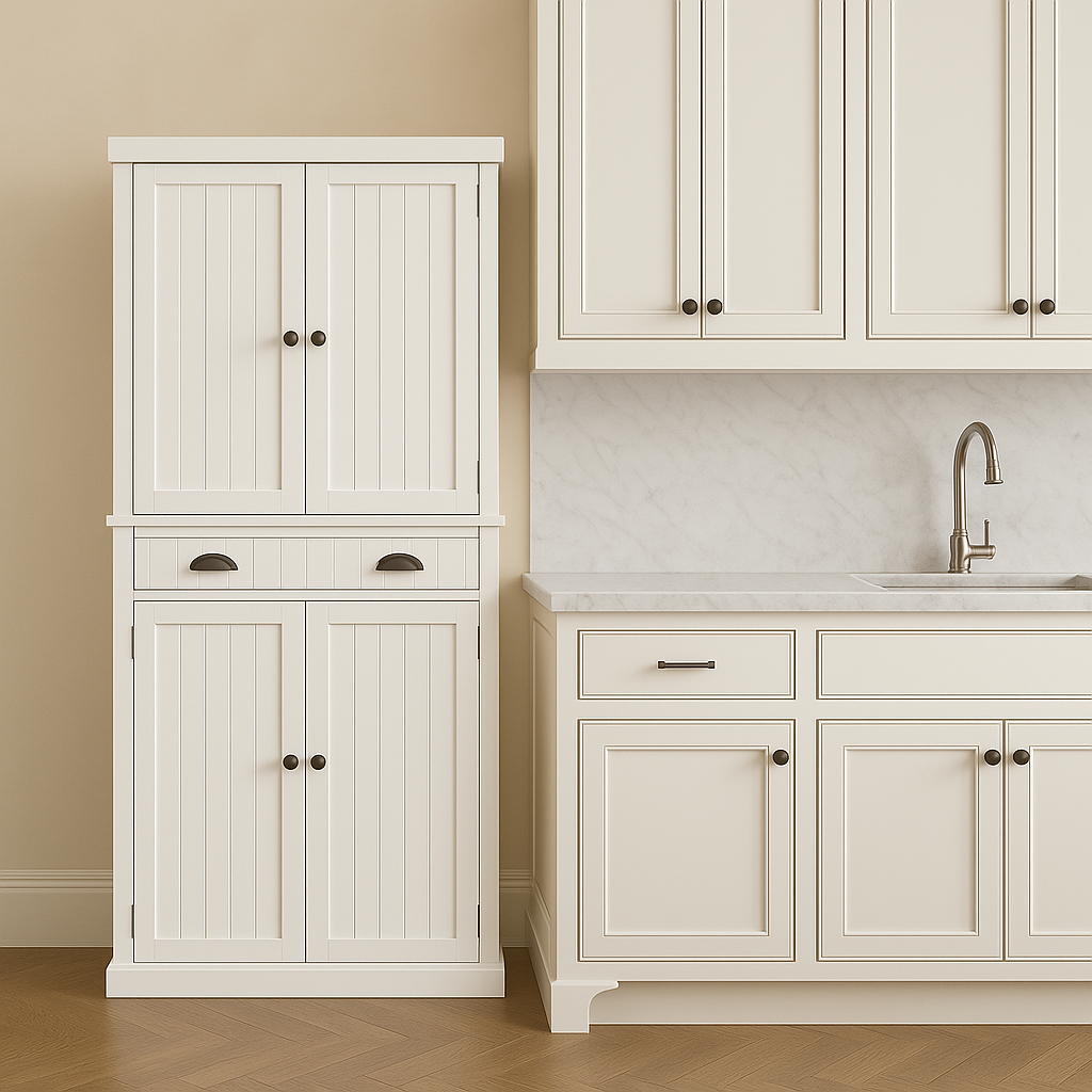 FUNKOL White Vertical Striped MDF Kitchen Cabinet with Adjustable Shelves