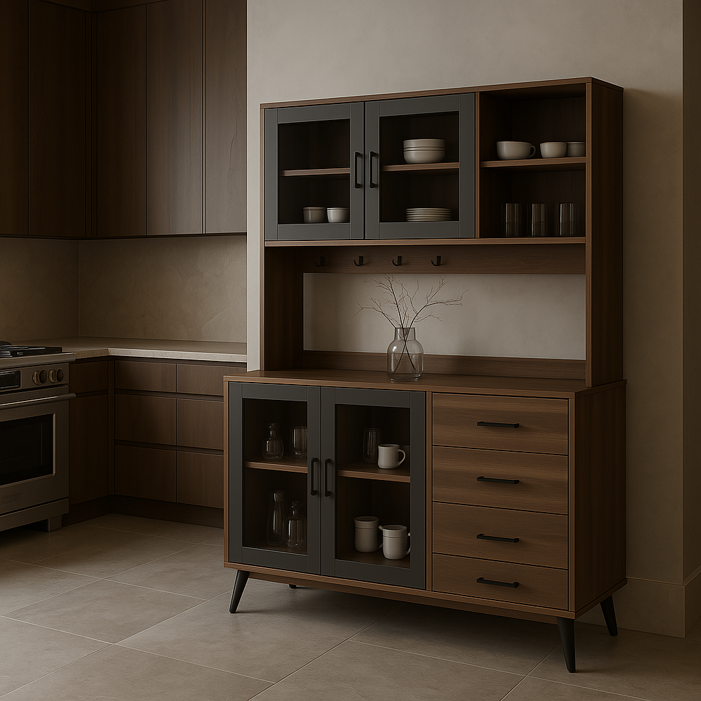 FUFU&GAGA Large Kitchen Pantry Cabinet Buffet with 4-Drawers, Hooks, Open Shelves, and Glass Doors