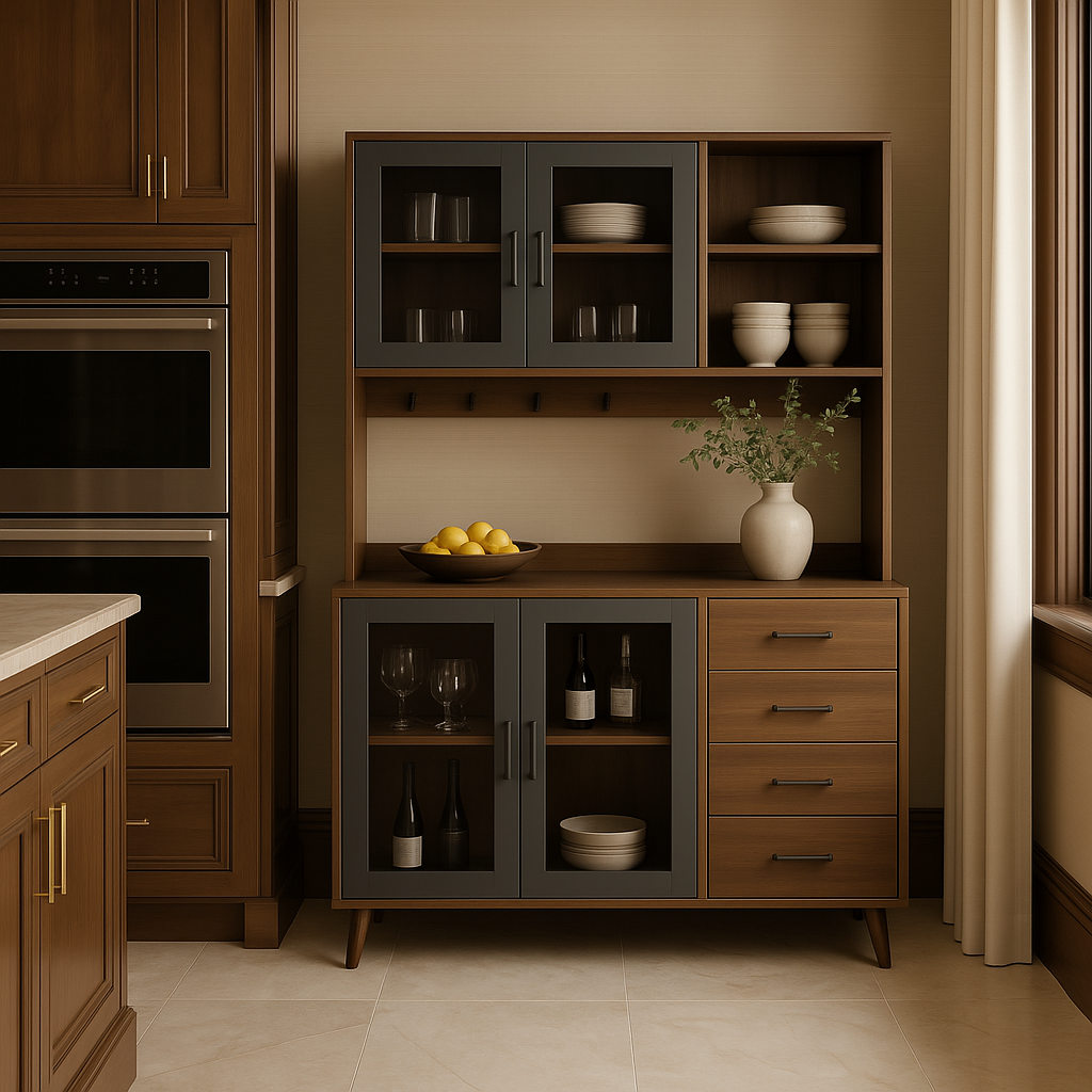 FUFU&GAGA Large Kitchen Pantry Cabinet Buffet with 4-Drawers, Hooks, Open Shelves, and Glass Doors