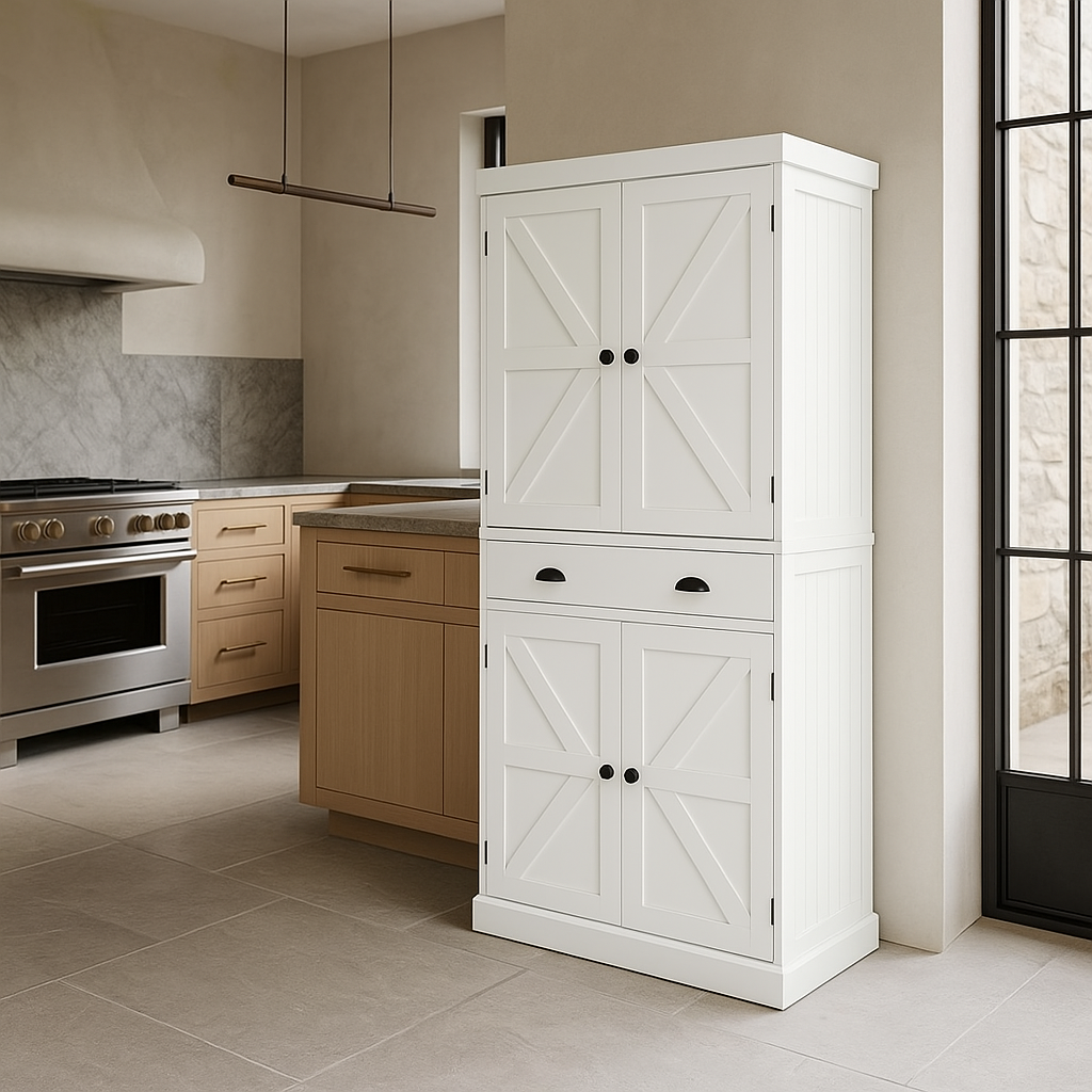 FUNKOL White MDF Kitchen Cabinet with Adjustable Shelves and Drawer