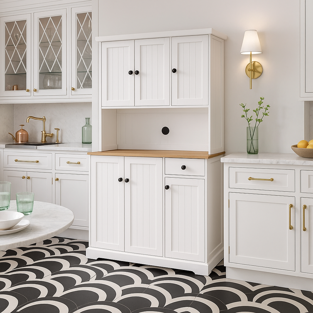 FUNKOL White Kitchen Cabinet with Microwave Countertop, 6 Doors and 1 Drawer
