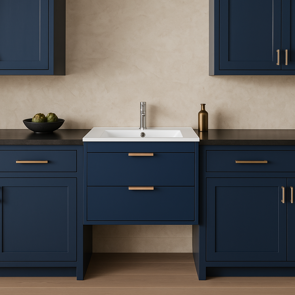FUNKOL Blue MDF Wall Mounted Kitchen Cabinet with White Sink, Ready to Assemble