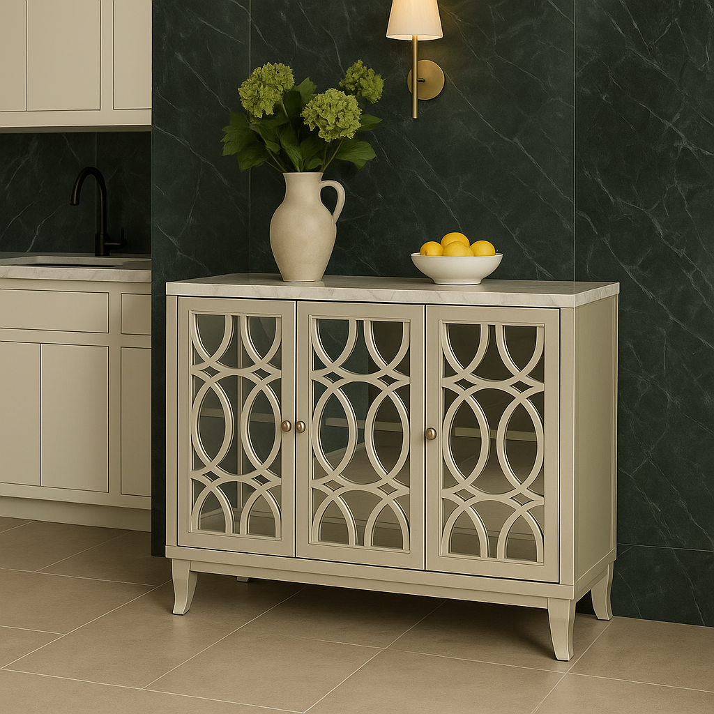 Unbranded Champagne MDF Floor Kitchen Cabinet with Glass Doors - 47.2 in. W x 15.6 in. D x 33.9 in. H