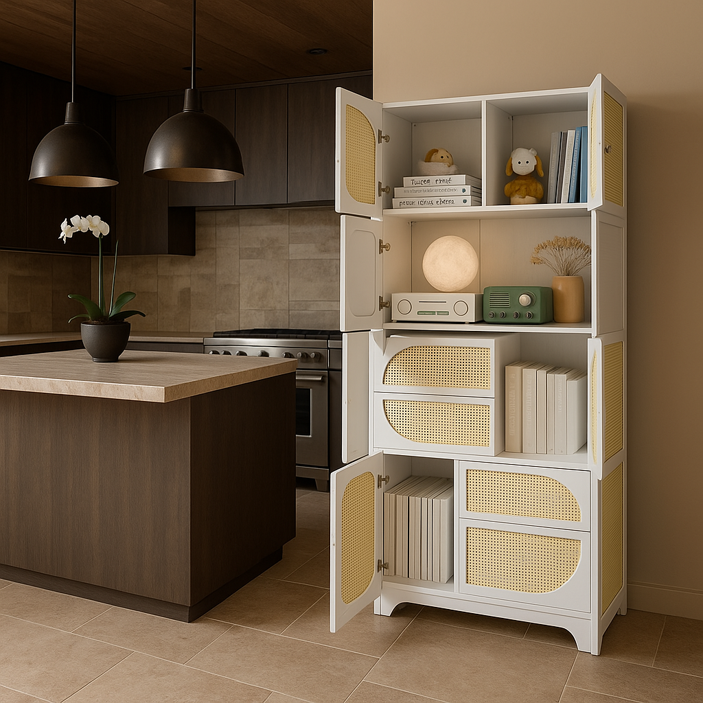 Tatayosi White Storage Cabinet with Rattan Doors, 71" Pantry Hutch Cabinet