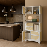 Tatayosi White Storage Cabinet with Rattan Doors, 71" Pantry Hutch Cabinet