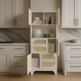 Tatayosi White Storage Cabinet with Rattan Doors, 71" Pantry Hutch Cabinet