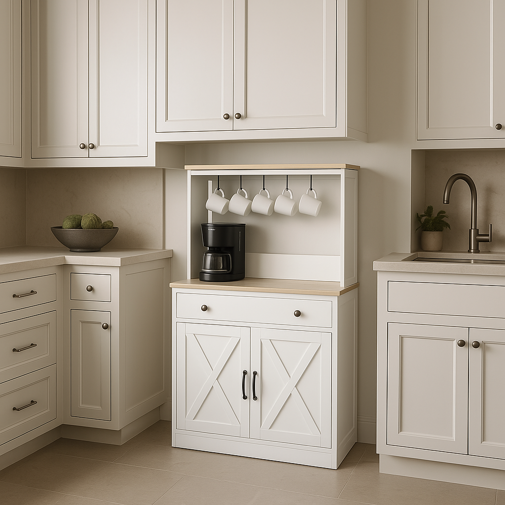 Puluomis White Kitchen Sideboard Pantry with Cup Holders and Storage