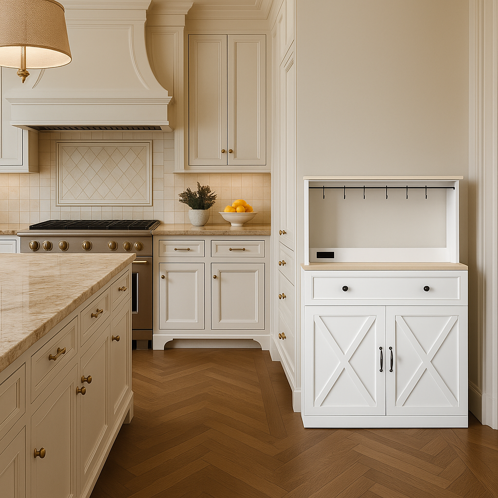 Puluomis White Kitchen Sideboard Pantry with Cup Holders and Storage