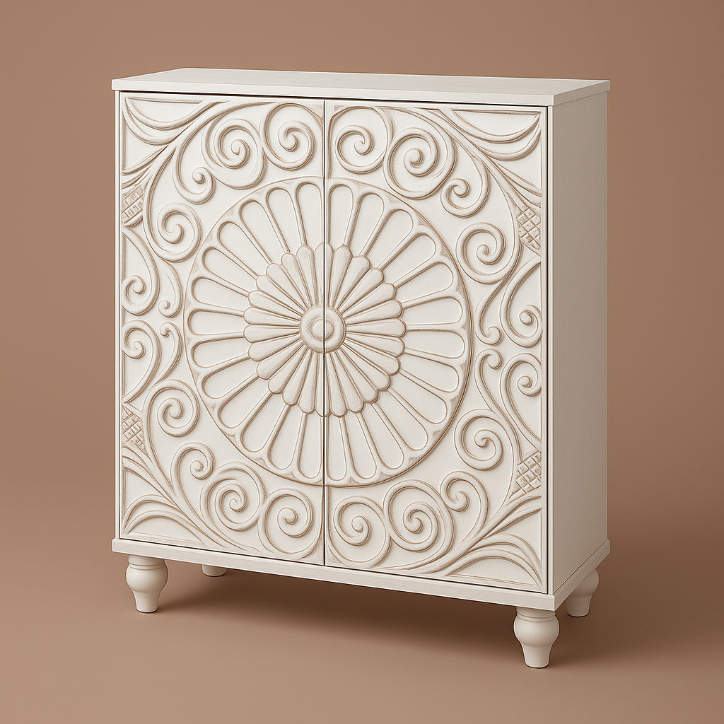 Puluomis Vintage Sideboard Storage Cabinet, White, MDF, 31.5" x 13.8" x 36"