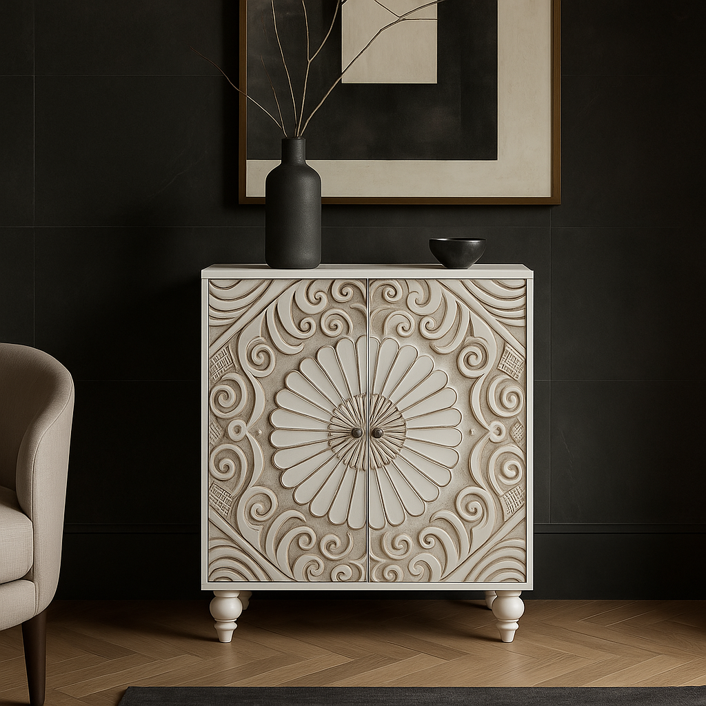 Puluomis Vintage Sideboard Storage Cabinet, White, MDF, 31.5" x 13.8" x 36"