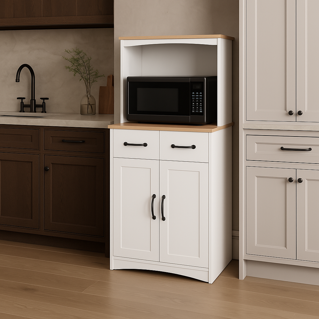 Aoibox White Pantry Microwave Cabinet with Storage Drawer