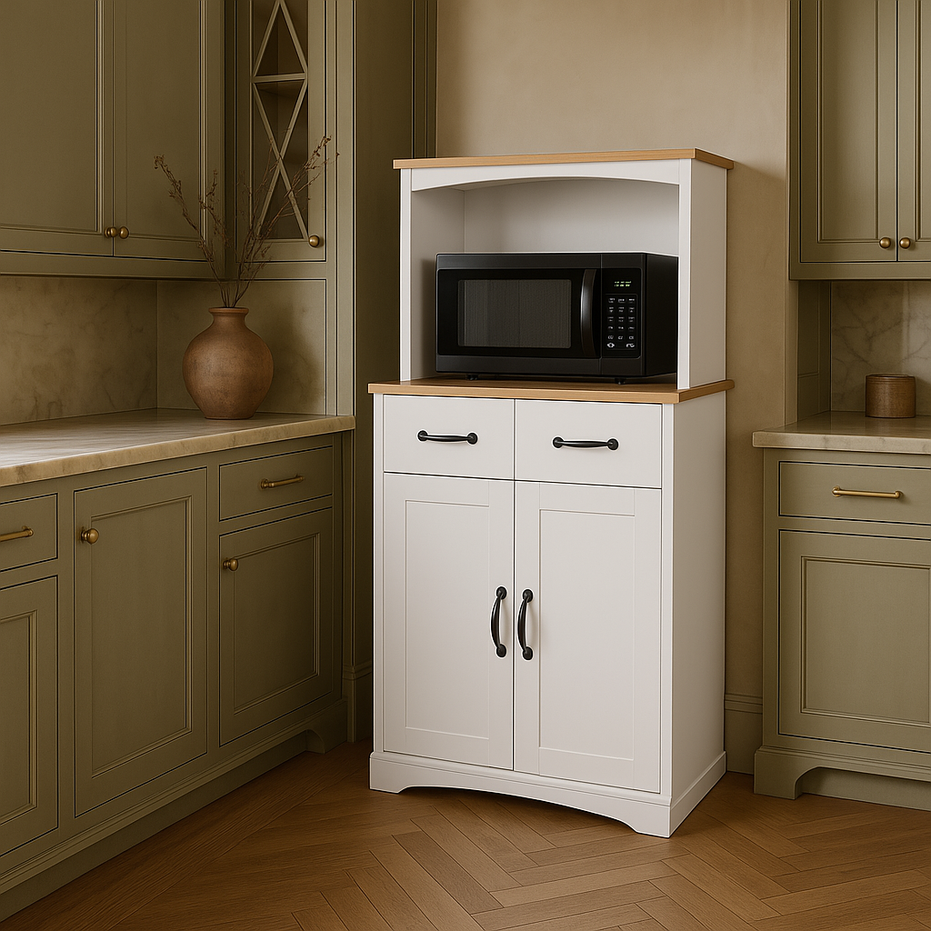 Aoibox White Pantry Microwave Cabinet with Storage Drawer