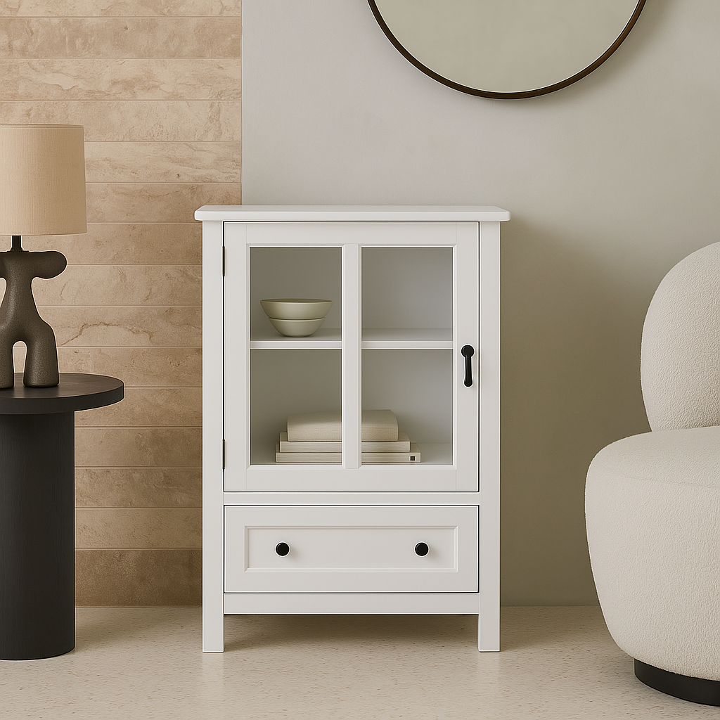 Unbranded Buffet Storage Cabinet with Glass Doors and Bell Handle, White