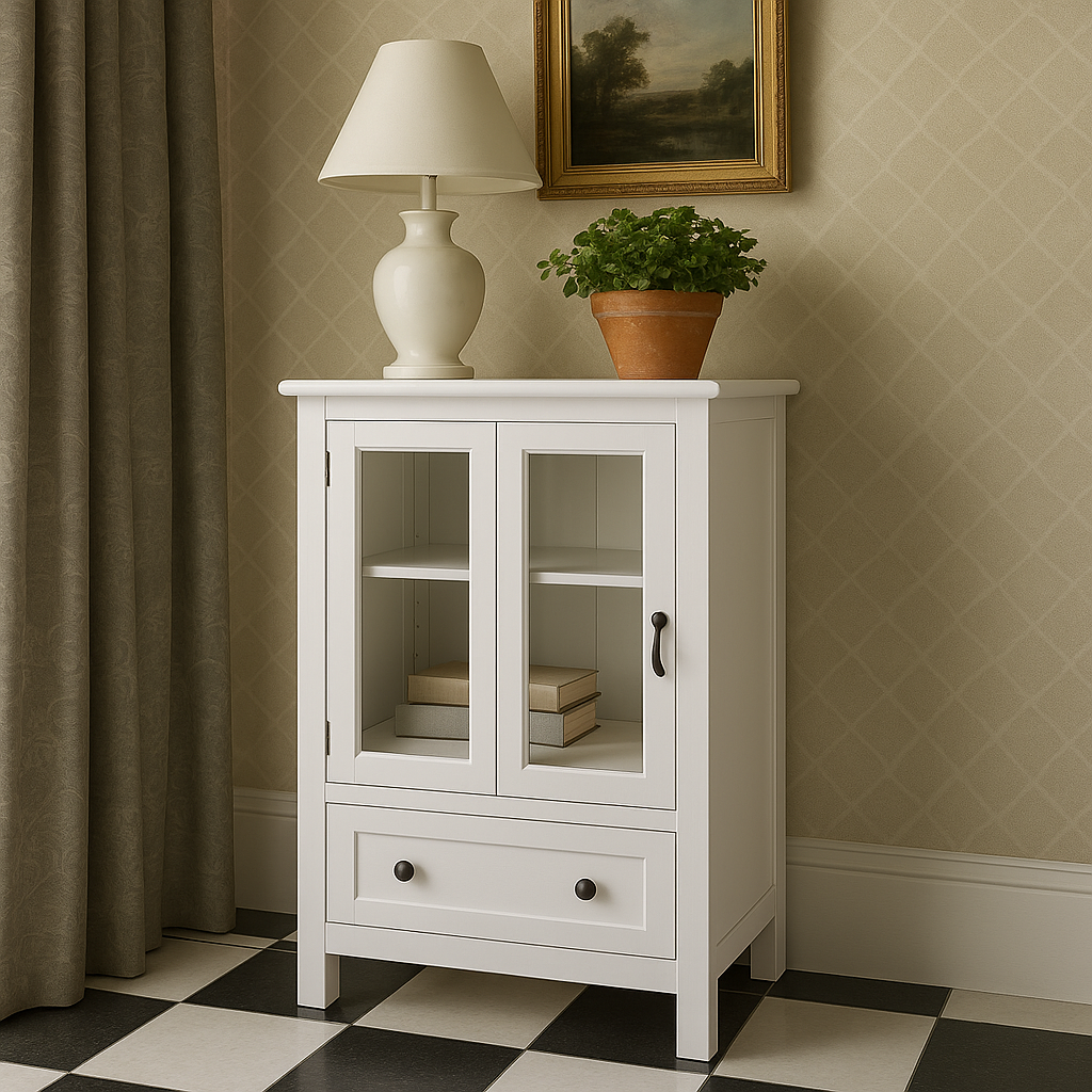 Unbranded Buffet Storage Cabinet with Glass Doors and Bell Handle, White