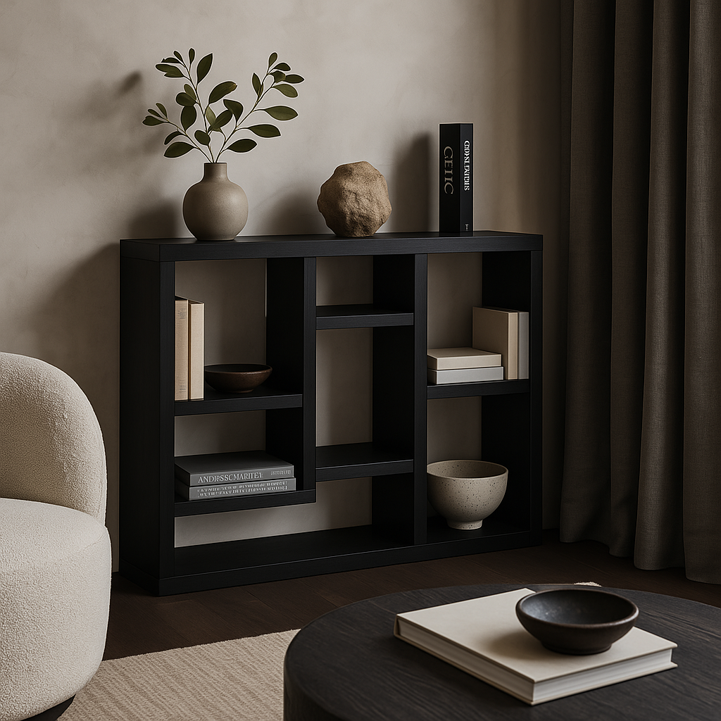 FUNKOL Black MDF Wall Cabinet with 7 Cube Storage Spaces, 43.3 in. L x 13.8 in. W x 35.6 in. H
