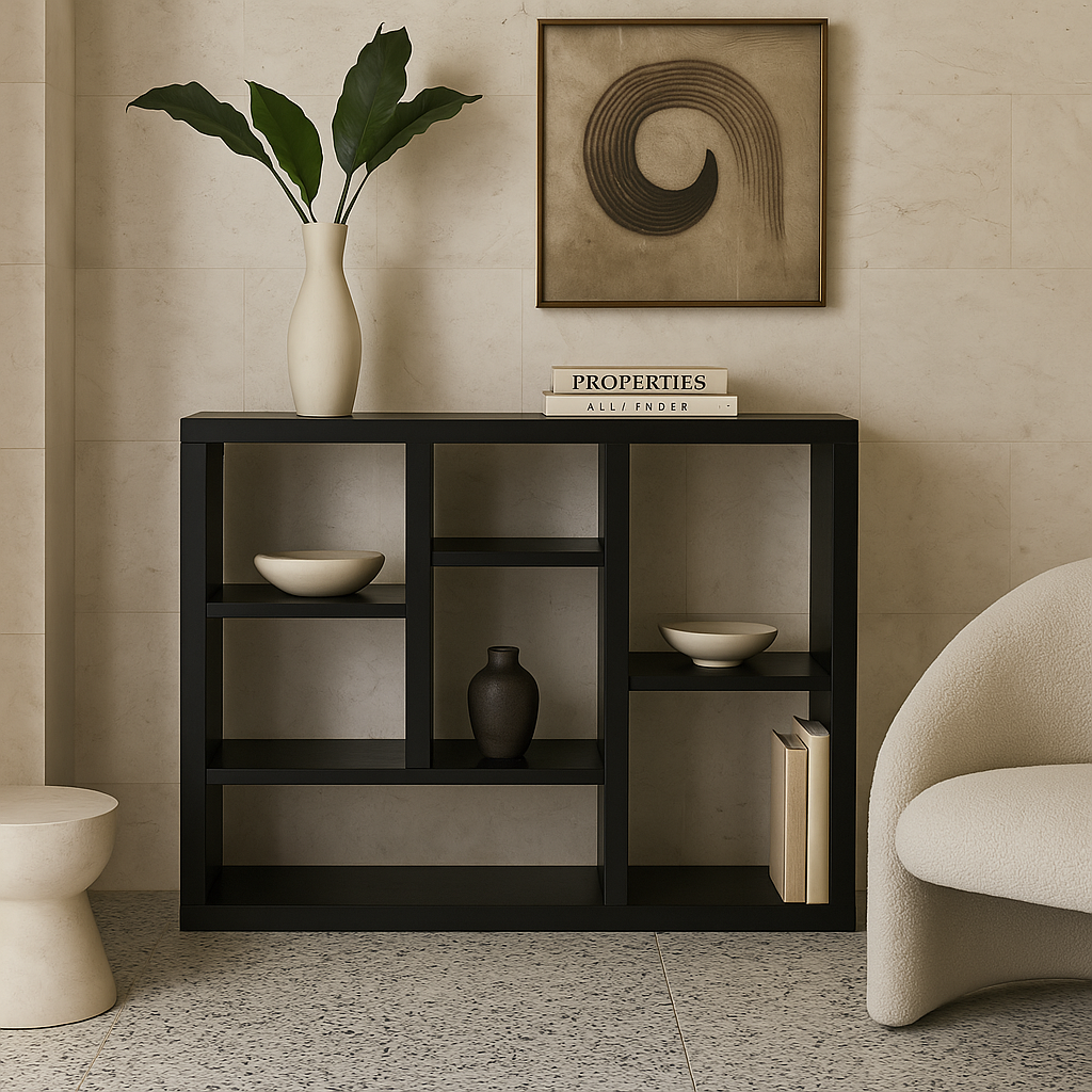 FUNKOL Black MDF Wall Cabinet with 7 Cube Storage Spaces, 43.3 in. L x 13.8 in. W x 35.6 in. H