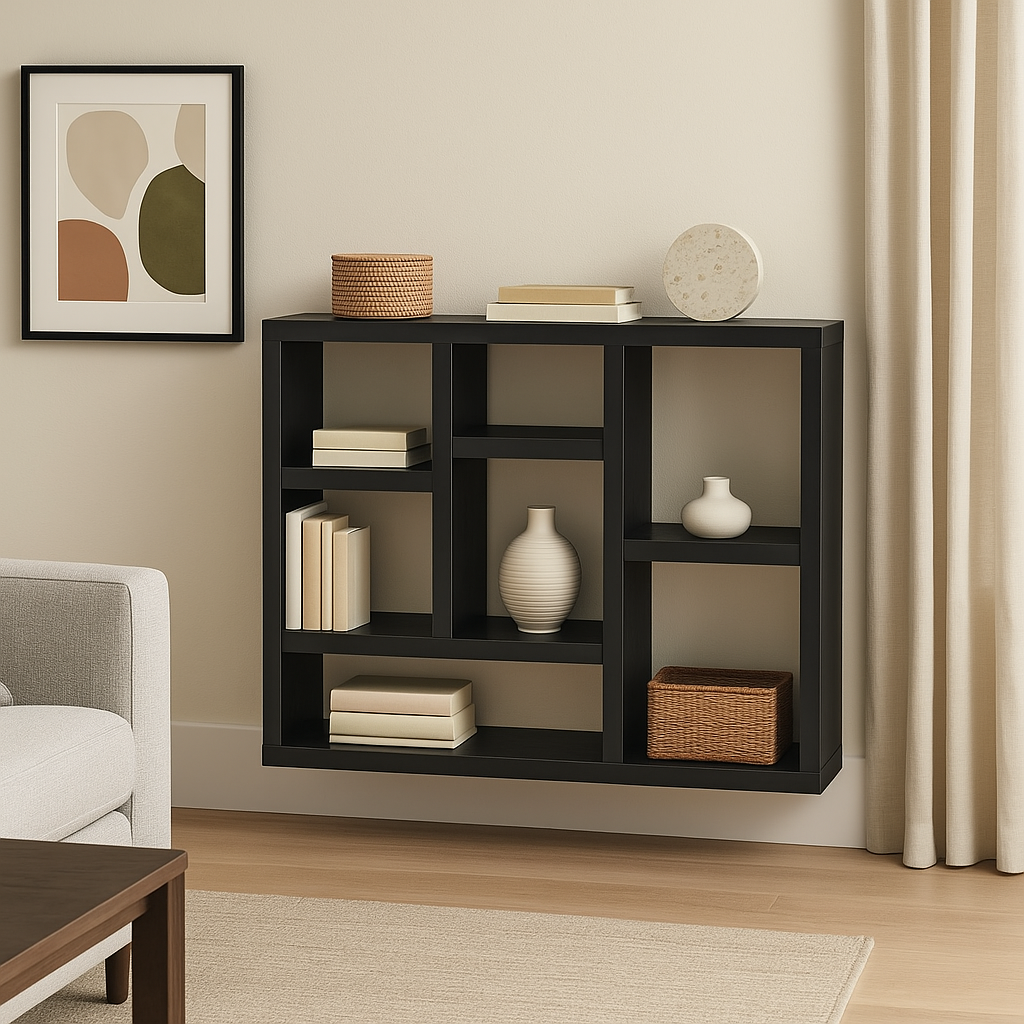 FUNKOL Black MDF Wall Cabinet with 7 Cube Storage Spaces, 43.3 in. L x 13.8 in. W x 35.6 in. H
