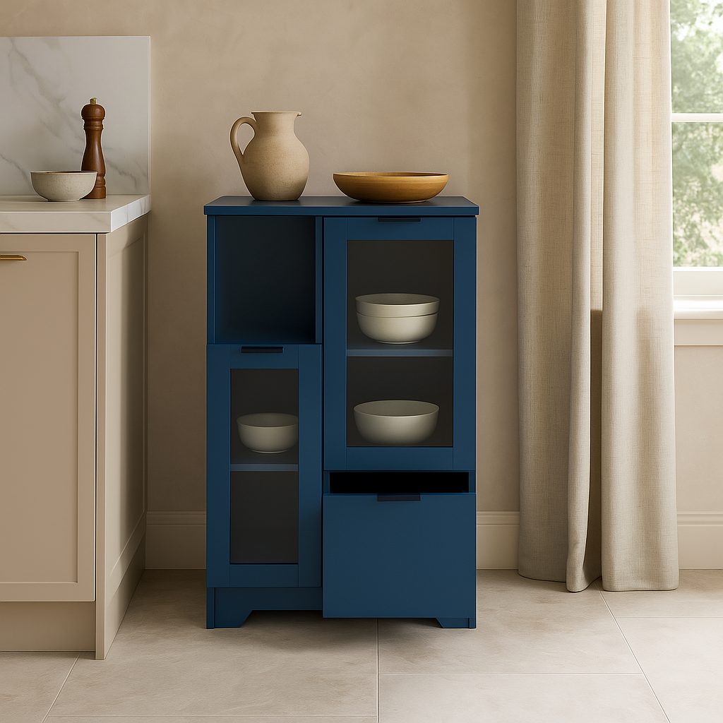 FUNKOL Blue MDF Floor Base Kitchen Cabinet with Glass Doors