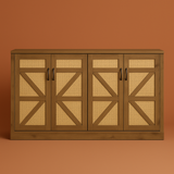 FUNKOL Oak Wooden Faux Rattan Wine Cooler with Adjustable Shelves