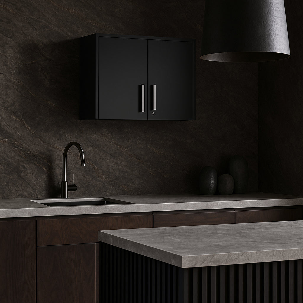 Amucolo Black Wood Wall Kitchen Cabinet with Double Doors - 27.56 in. W x 15.98 in. D x 19.69 in. H