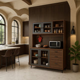 FUFU&GAGA Brown Pantry Kitchen Cabinet Buffet with Hutch, 4-Drawers, Glass Doors