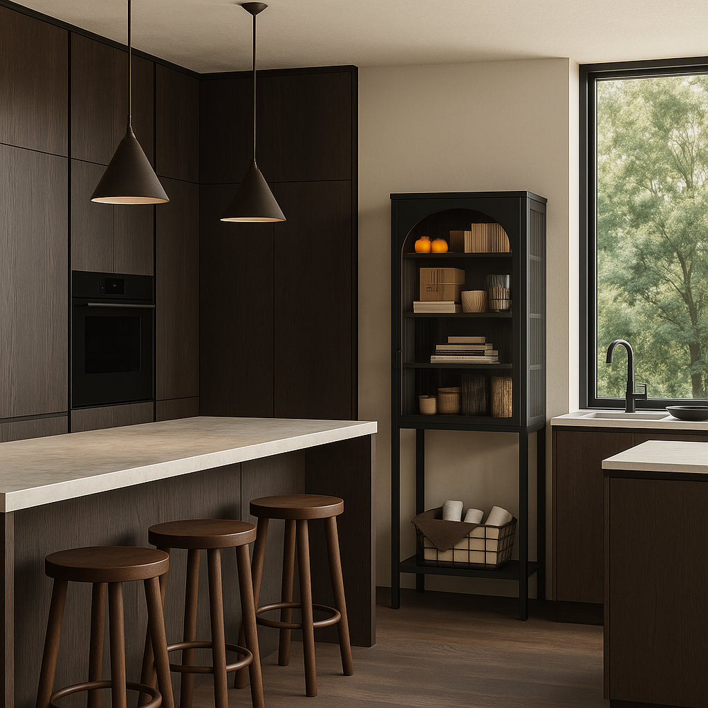 FUNKOL Black Metal Storage Cabinet with Glass Doors and Adjustable Shelves