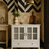 Tileon White MDF Cabinet with Glass Doors - 41.34" W x 15.55" D x 35.43" H