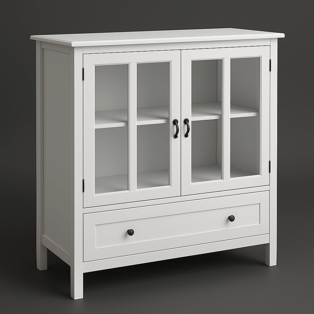 Tileon White MDF Cabinet with Glass Doors - 41.34" W x 15.55" D x 35.43" H
