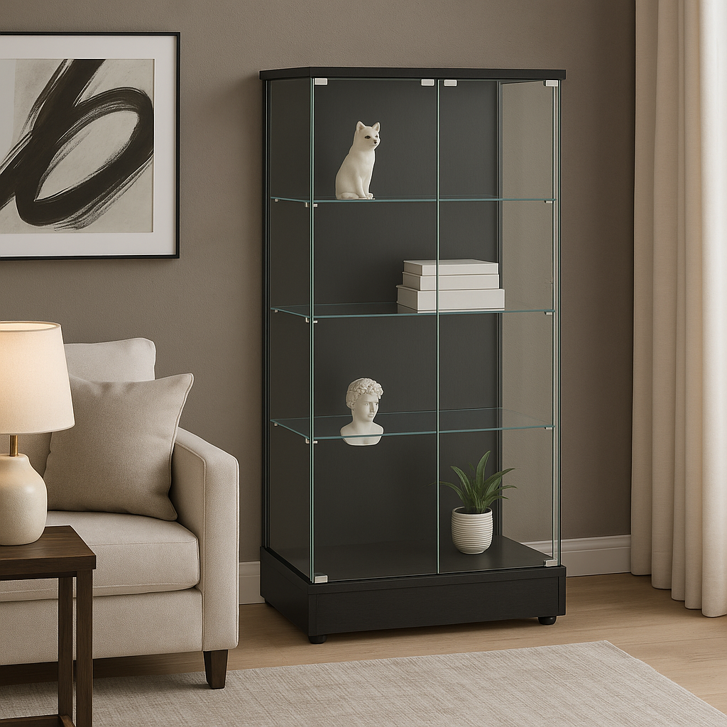 FUNKOL 4-Shelf Wooden Base Display Cabinet with Glass Doors, Black