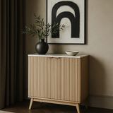 QueenFun Cabinson Natural Oak Pantry Sideboard Buffet Cabinet with Faux Stone Top