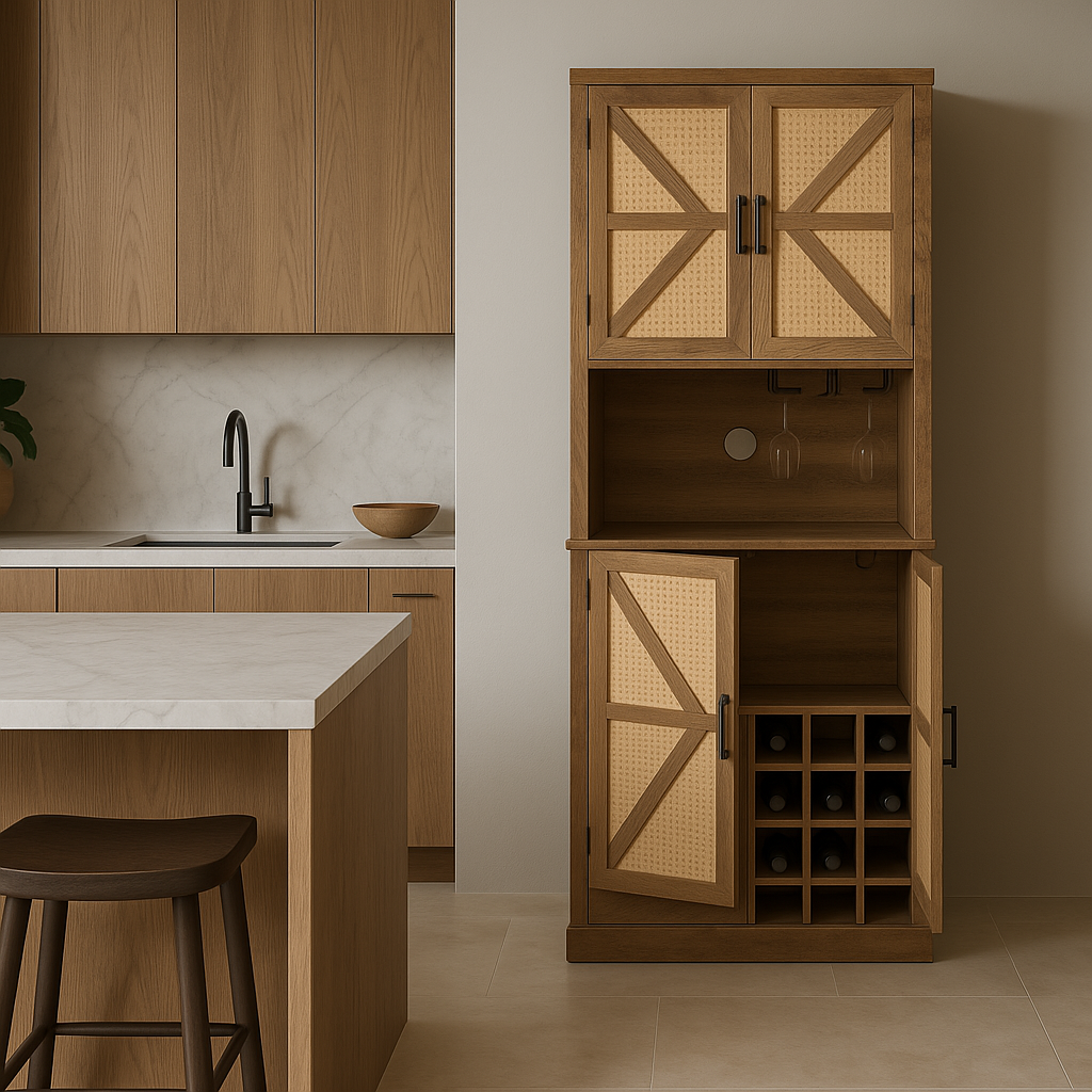FUNKOL Oak Wooden Wicker Wine Cabinet with Microwave Shelf and Wine Rack