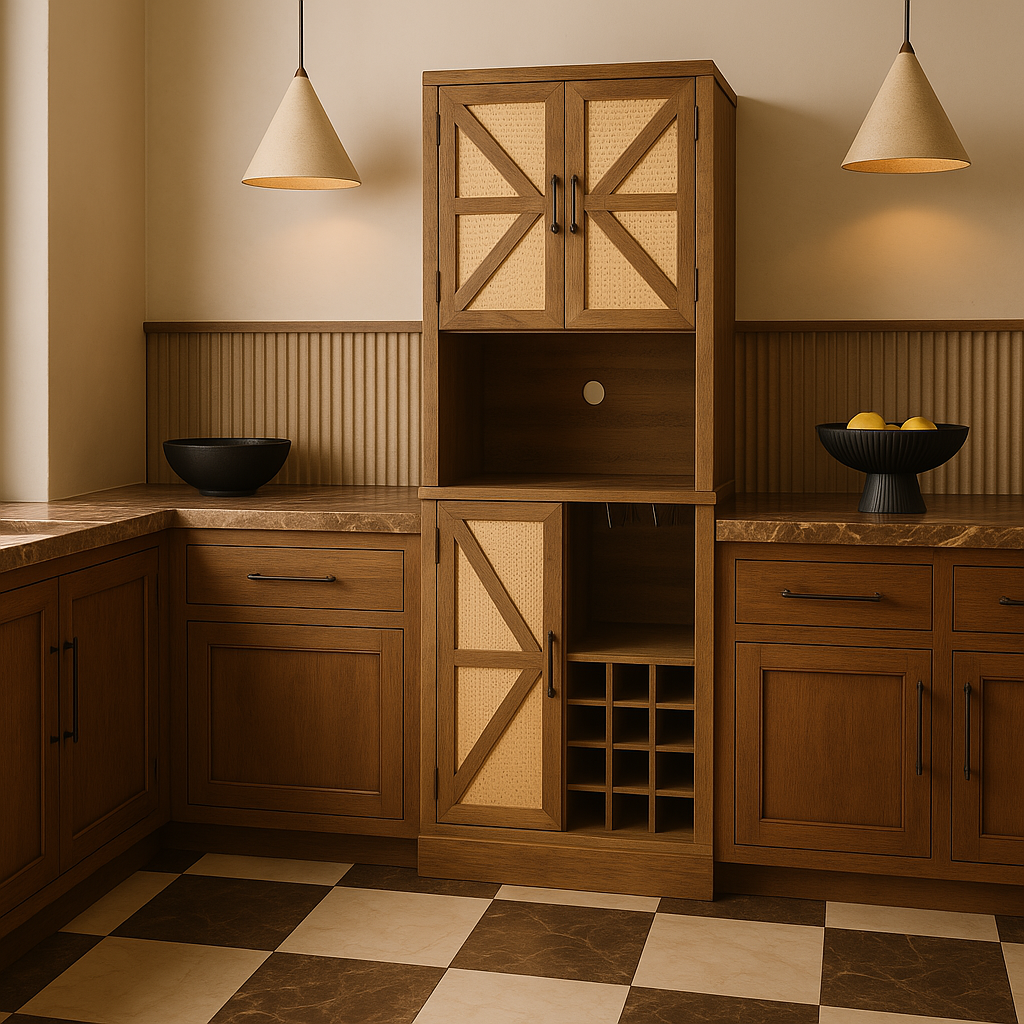 FUNKOL Oak Wooden Wicker Wine Cabinet with Microwave Shelf and Wine Rack