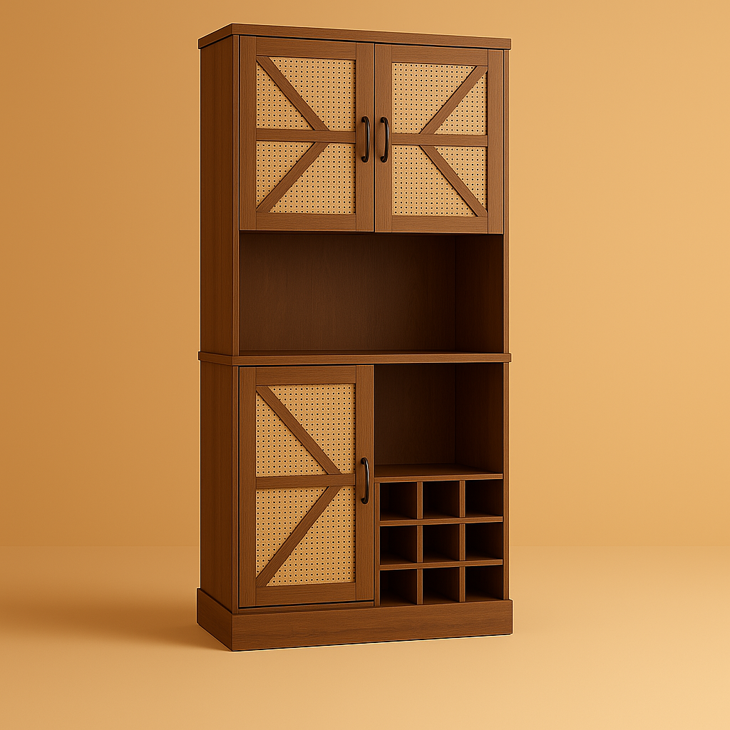 FUNKOL Oak Wooden Wicker Wine Cabinet with Microwave Shelf and Wine Rack